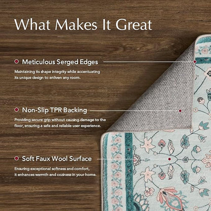 EVERGRACE Area Rugs for Living Room 6x9, Boho Floral Faux Wool Indoor Outdoor Rugs, Washable Rugs for Bedroom Dining Room Entryway Kitchen, Low Pile Floor Mat Carpet for Home Decor, Pale Blue