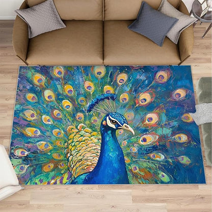 Peacock Rug Large - 8x10 Rug, Turquoise Teal Peafowl Washable Rugs for Living Room, Peafowl Decor Carpet, Modern Style Non-Slip Area Rugs for Bedroom, Aesthetics Carpet - Peafowl Home Decor & Gifts