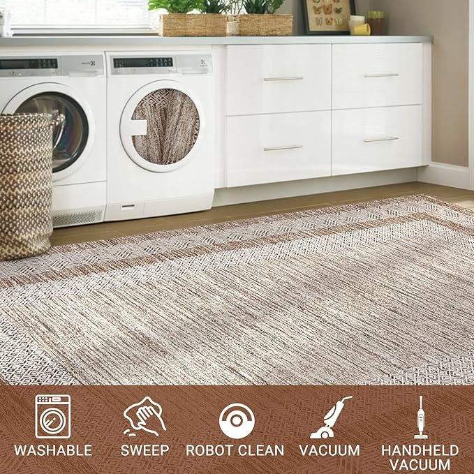GarveeHome 10x13 Large Washable Geometric Area Rug Non Slip Non Shedding Floor Carpet, Modern Bordered Rug, Distressed Brown Rug, Indoor Printed Rug for Living Room, Bedroom, Office