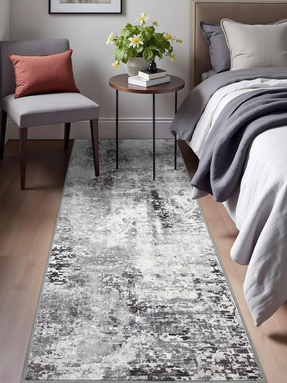 Washable Abstract Runner Rug, 2x6 Modern Area Rugs with Non-Slip Rubber Backed for Kitchen, Thin but Soft Contemporary Carpet Bedroom Entryway Hallway Decor, Dark Grey