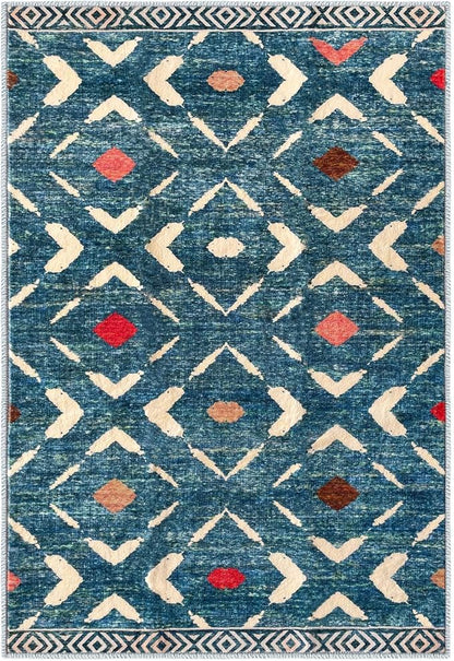 KILOCOCO Area Rug 3'x5' Rug for Entryway Washable Printed Bedroom Rugs Non Slip Boho Low-Pile Soft Rugs for Kitchen Dining Geometric Moroccan Carpet, Teal/Blue