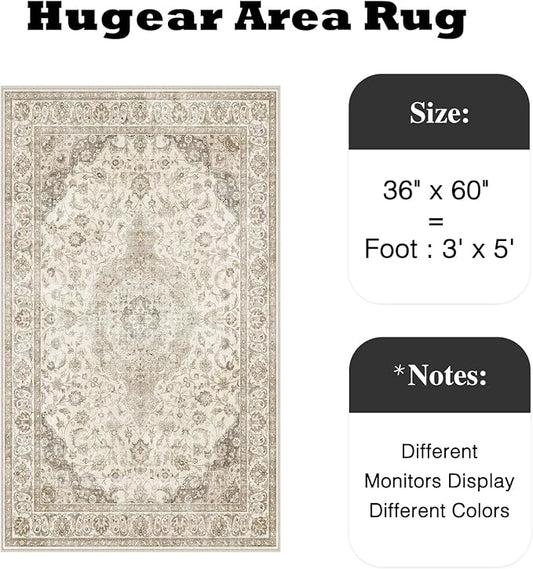 HUGEAR 3x5 Entryway Area Rug Vintage Brown Small Rug Machine Washable Door Mat Neutral Floral Low Pile Carpet Vacuumable Thin Throw Rug Entrance Kitchen Bedroom Bathroom Non Slip Lightweight