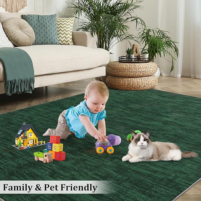 RUGSREAL 8x10 Large Solid Color Rug for Living Room Machine Washable Area Rugs Non-Slip Low-Pile Modern Contemporary Indoor Area Rug Home Office Throw Carpet for Living Room Bedroom, Dark Green