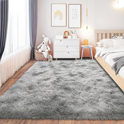 Soft Shaggy Rugs Light Grey Fluffy Rug for Bedroom White Fuzzy Rug Non-Slip Indoor Floor Carpet for Living Room 8x10 Ft