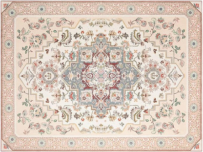 Phantoscope Washable Area Rug 9'x12' Non-Slip, Vintage Boho Rugs for Living Room, Bedroom, Dining Room, Persian Floral Medallion Pattern, Low-Pile Foldable Floor Carpet, Ivory Rose/Fall Bloom