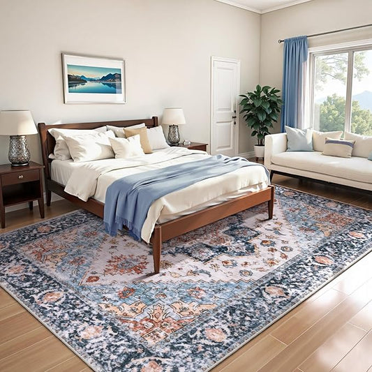 SERISSA Washable Rugs 6x9 Area Rugs, Large Non-Slip Boho Living Room Blue Orange Rug, Ultra Soft Vintage Oriental Tribal Farmhouse Carpet for Dining Room Bedroom Dorm Office Home Decor