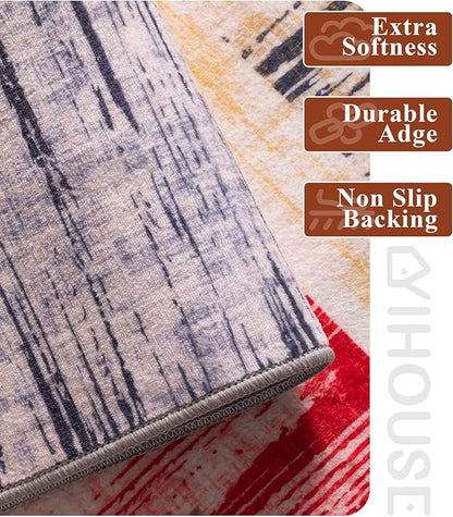YIHOUSE Cream Retro Rugs 5x7,Blue and Red Vintage Washable Carpets for Bedroom,Farmhouse Abstract Area Rug,Unique Checkered Block Rug for Living Room,Dining Room,Office