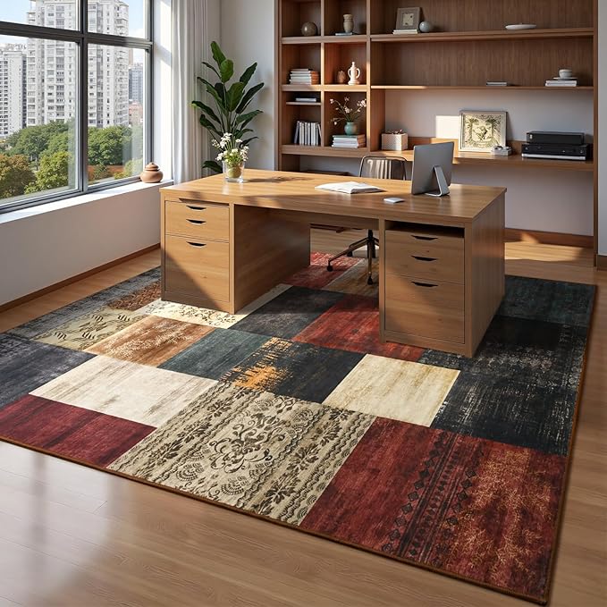 DweIke Washable Area Rugs for Living Room, 4x6 Soft Bedroom Rugs, Geometric Print Non-Slip Modern Rug, Stain Resistant Throw Carpets for Office Nursery Dining Room Home Dorm Decor, Colorful