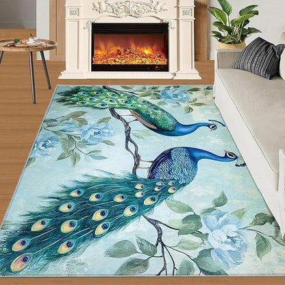 Peacock Rugs for Living Room - 6x9 Rug, Classic Peacock Floral Area Rugs for Bedroom, Teal Turquoise Rug, Modern Style Washable Carpet, Aesthetics Carpet - Peafowl Home Decor & Gifts