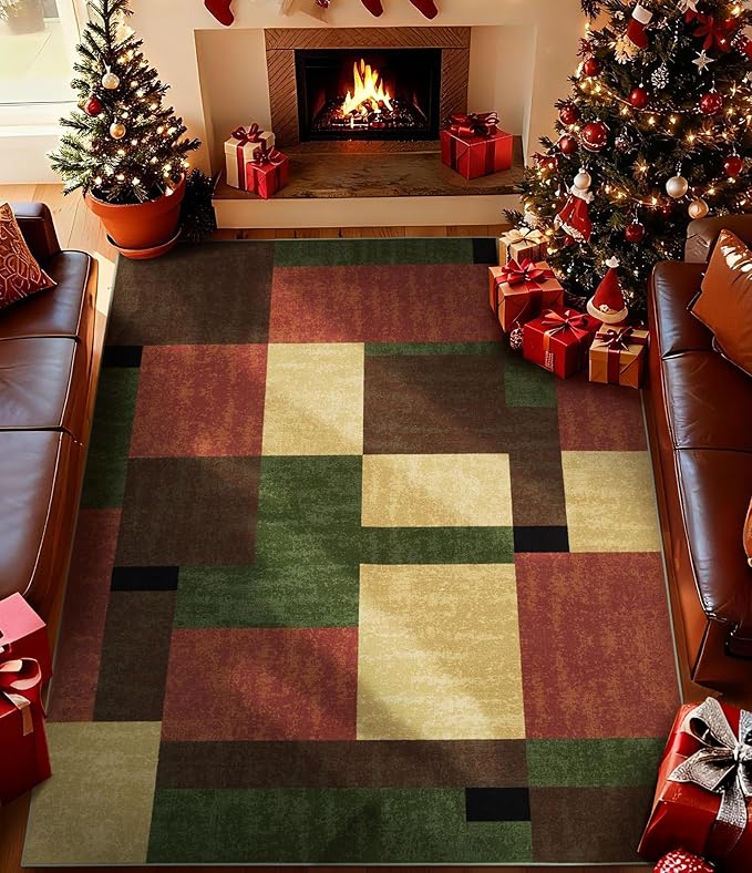 YIHOUSE Red and Green Area Rug 6x9 for Living Room,Burgundy Farmhouse Rugs Washable, Burnt Orange Vintage Rug Non Slip,Geometric Boho Area Rug for Kitchen,Dining Room,Bedroom