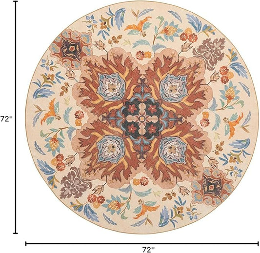 Phantoscope Washable Round Area Rug 6ft Non-Slip, Vintage Boho Rugs for Living Room, Bedroom, Dining Room, Fall Orange Floral Medallion Pattern, Low-Pile Foldable Floor Carpet, Rust/Multi Floral