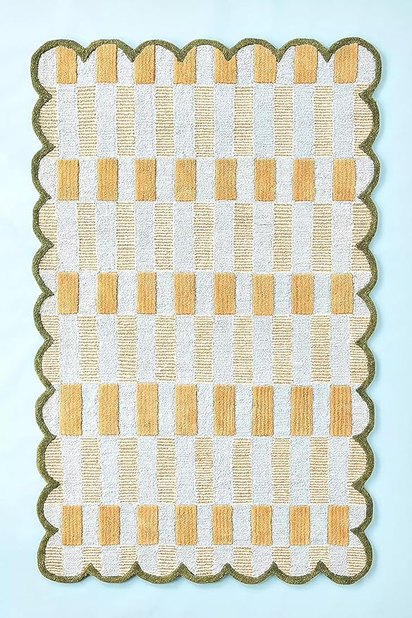 Hand-Tufted Wool Rug with Scalloped Edges, Light Blue Plaid Pattern, Cozy Soft Area Rug for Living Room, Bedroom, and Nursery, Handmade Modern Accent Rug (Blue, 7X10 FEET)