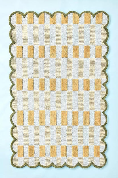 Hand-Tufted Wool Rug with Scalloped Edges, Light Blue Plaid Pattern, Cozy Soft Area Rug for Living Room, Bedroom, and Nursery, Handmade Modern Accent Rug (Blue, 12X18 FEET)