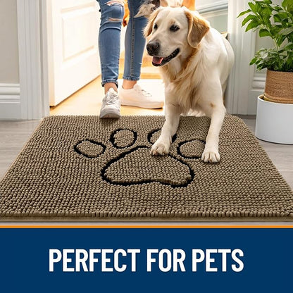 OLANLY Dog Door Mat for Muddy Paws 30x20, Paw Print Design, Absorbs Moisture and Dirt, Absorbent Non-Slip Washable Doormat, Quick Dry Chenille Mud Mat for Dogs, Entry Indoor Entryway Carpet, Tan