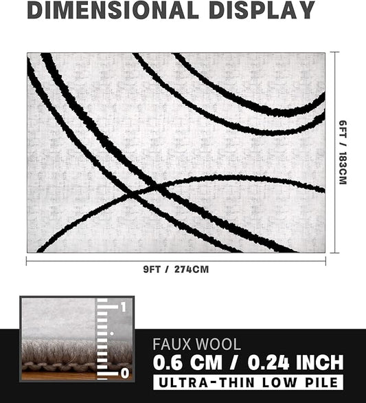 YIHOUSE Modern Area Rugs 6x9, Washable Black and White Rug, Thin Abstract Geometric Minimalist Striped Rug, Black Rugs for Living Room,Bedroom,Kitchen,Dining Room,Office