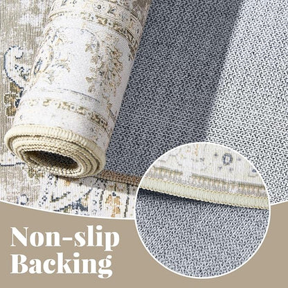jinchan Fiora Hallway Runner Rug 3x10 Machine Washable Runner Rug Taupe Vintage Floral Design Non-Slip Low Pile Ultra-Thin for Kitchen Laundry Room Bedroom Farmhouse (3‘x10', Taupe)