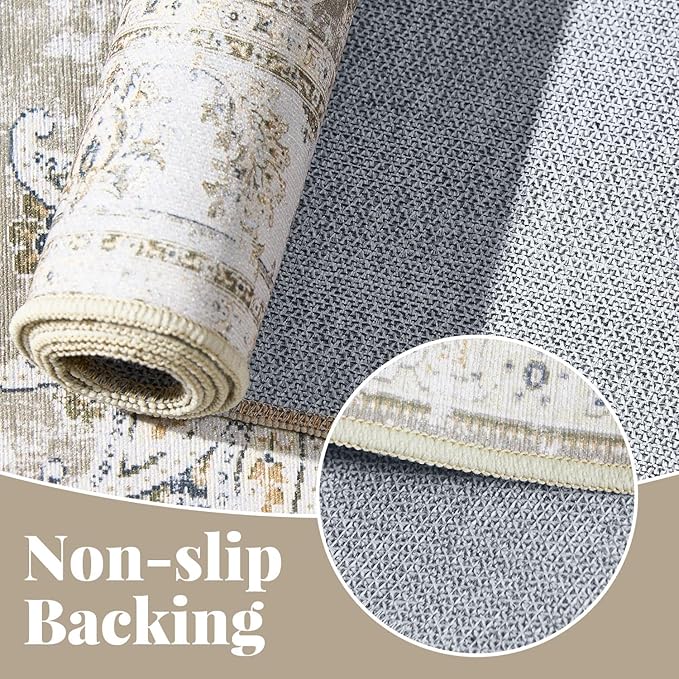 jinchan Fiora Floral 2x3 Rugs for Entryway - Vintage Washable Small Non-Slip Distressed Indoor Doormat Ultra-Thin Low-Pile Accent Rug for Entrance Kitchen Bedroom Bathroom (2x3ft, Taupe)