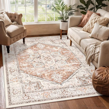 LIVEBOX 5x7 Area Rugs for Living Room, Washable Nursery Orange Boho Rug Soft Non-Slip, Low-Pile Vintage Medallion, Retro Faux Wool for Dining Room, Bedroom, Office