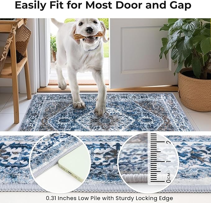 KOZYFLY Runners for Hallways 2.6x20 Ft Extra Long Washable Kitchen Thin Runner Rug Boho Runner Rug for Entryway Indoor Blue Printed Oriental Faux Wool Stair Floor Carpet Runner for Stair Kitchen Hall