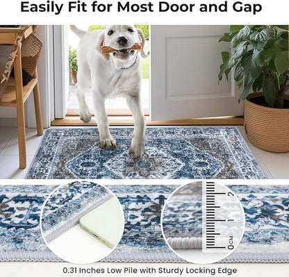 KOZYFLY Boho Area Rug 5x7 Ft Thin Rugs for Living Room Washable Bedroom Rug Non Slip Rugs for Living Room Blue Printed Faux Wool Vintage Bedroom Rug Floor Carpet for Dining Room