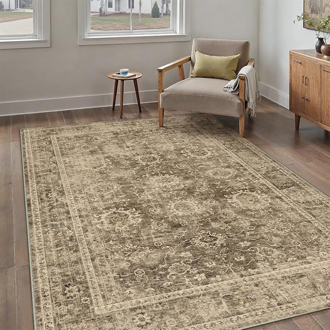 4x5 Washable Area Rug for Entryway Office Brown Vintage Non-Slip Low Pile Distressed Rustic Carpet Lightweight Vacuumable Soft Throw Rug for Living Room Indoor Dining Room