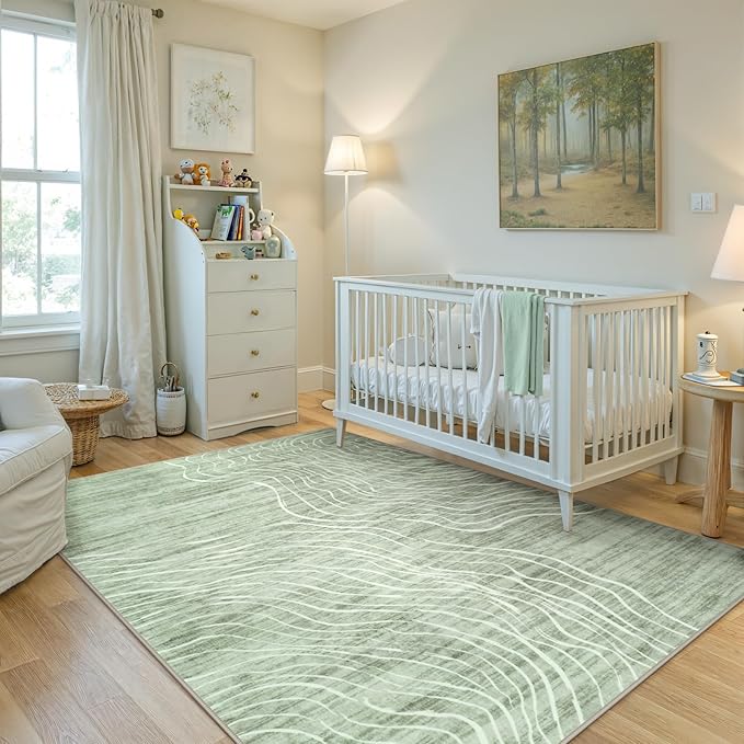 5x7 Sage Green Modern Abstract Area Rugs for Living Room, Washable Rugs for Nursery Bedroom, Non-Slip Minimalist Neutral Wave Striped Rugs for Playroom Boys, Throw Accent Rug Carpet for Dining Room