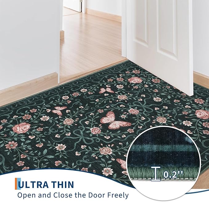GarveeHome 2x3 Floral Area Rug Non Slip Entryway Mat Low Pile Stain Resistant Butterfly Kitchen Rugs Soft Small Throw Carpet for Dining Room Bedroom Washable Bow Rugs for Living Room Bathroom, 2x3