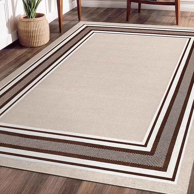 Beverly Rug Non Slip Area Rugs 5x7 Modern Bordered Non Skid Rubber Backing Soft Area Rug for Living Dining Room Easy to Clean Non Shedding Kitchen Bedroom Indoor Carpet 5 x 7 Beige-Brown