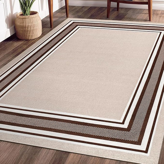 Beverly Rug Non Slip Area Rugs 5x7 Modern Bordered Non Skid Rubber Backing Soft Area Rug for Living Dining Room Easy to Clean Non Shedding Kitchen Bedroom Indoor Carpet 5 x 7 Beige-Brown