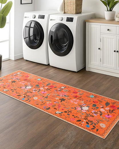Boho Floral Runner Rug 2x6, Washable Non-Slip Kitchen Rug, Ultra Soft Vintage Carpet for Hallways, Kitchen, Bedroom, Bathroom (Orange)