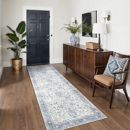 Bavni Washable Runner Rug 2’6”x10, Non Slip Vintage Hallway Runner, Ultra Thin Low Pile Washable Carpet for Kitchen Entryway Bedroom, Light Blue
