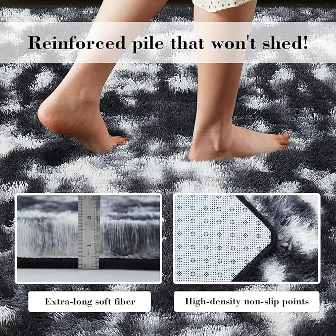 Fluffy Rug Shaggy Area Rug, Mottling Black 4x6 Area Rugs for Bedroom, Small Bedside Rug, Soft Fluffy Shaggy Entryway Throw Rugs for Living Room Bedroom Kids Room Home Decor
