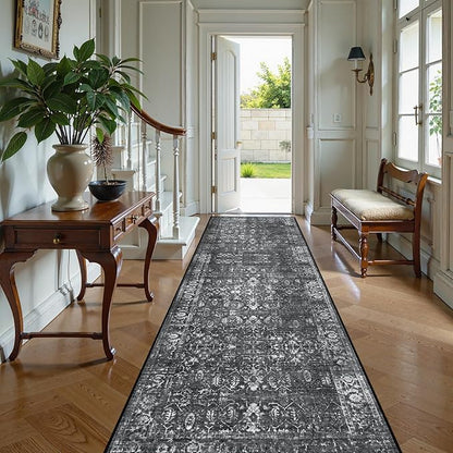 Lahome Black Washable Runners for Hallways,Boho 2'6"x10' Kitchen Runner Rugs Non Skid Washable Indoor Bathroom Runner Rug,Distressed Carpet Runners for Bedroom Entryway Foyer(2'6"x10', Black/Grey)