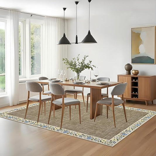 GarveeHome Washable Area Rugs for Bedroom 5x7 Living Room Modern Floral Throw Rugs Non-Slip Lightweight Thin Carpet Modern Farmhouse Print Non-Shedding Soft Low Pile Floor Cover, Dark Camel