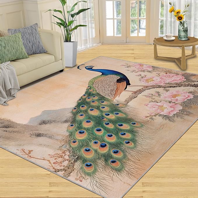 Peacock Peony Area Rug 6x8-6x8 Rug, Classic Peacock Peony Rugs for Living Room, Floral Animal Carpet, Peafowl Feather Washable Area Rugs for Bedroom, Aesthetics Carpet - Peafowl Home Decor & Gifts