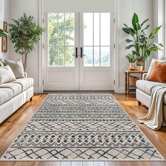 KUTA Area Rug 5x7 Light Brown Black, Washable Boho Large Living Room Moroccan Rugs Non-Slip, Ultra Soft Geometric Traditional Farmhouse Carpet for Dining Room Bedroom Dorm Office Home Décor