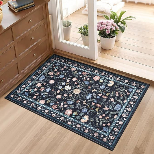 GarveeHome 2x3 Floral Rugs for Entryway, Non-Slip Soft Vintage Throw Door Mat, Low Pile Foldable Farmhouse Carpet, Non-Shedding Indoor Washable Small Rug for Bedroom, Dark Grey Blue