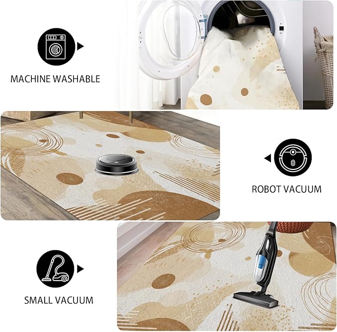 Minimalist Abstract Area Rug 7x9 Beige Boho, Modern Washable Geometric Art Carpet, Soft Non-Slip Low-Pile Carpet for Living Room, Bedroom, Kitchen, Dining Room, Pet Friendly, Non-Shedding, Brown