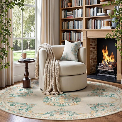 jinchan Round Rug 6ft Area Rugs Vintage Floral Distressed Design, Machine Washable Soft Non-Slip Low-Pile Ultra-Thin Circle Rug for Bedside Living Room Dining Room Bedroom (6' Round, Apricot Multi)