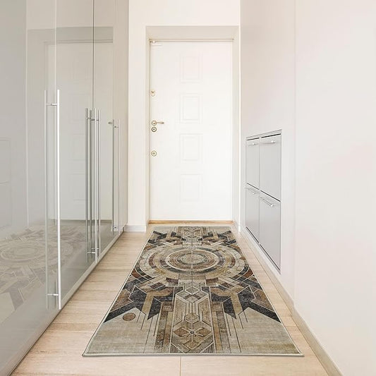 Ambesonne Abstract Boho Decorative Rug, Earthy American Native Motif with Rounds and Lines Folkloric Grungy, Quality Carpet Bedroom Dorm and Living Room, 2' 5" x 7' 5", Pale Camel Chocolate