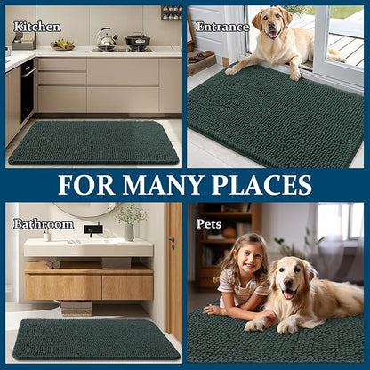 OLANLY Dog Door Mat for Muddy Paws 59x20, Absorbs Moisture and Dirt, Absorbent Non-Slip Washable Doormat, Quick Dry Chenille Mud Mat, Entry Indoor Entryway Carpet for Inside Floor, Blackish Green