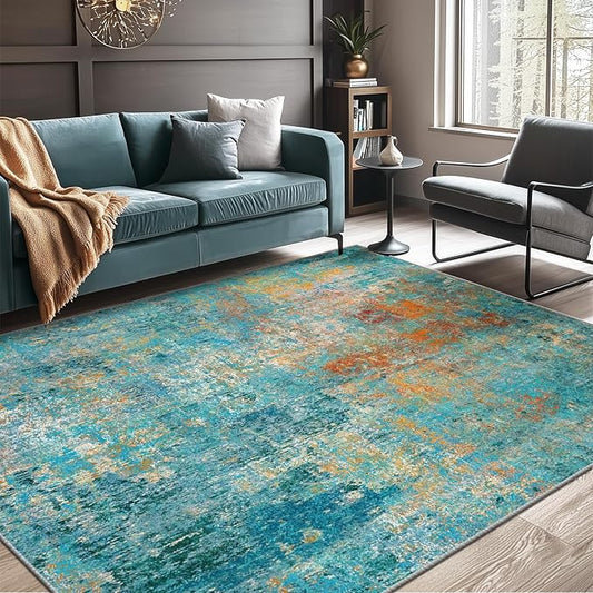 Washable Area Rugs 5'x8' Non-Slip Modern Abstract Soft for Living Room Entryway Bedroom Nursery, Print Pattern, Teal Blue Green Orange Rust Red Colorful