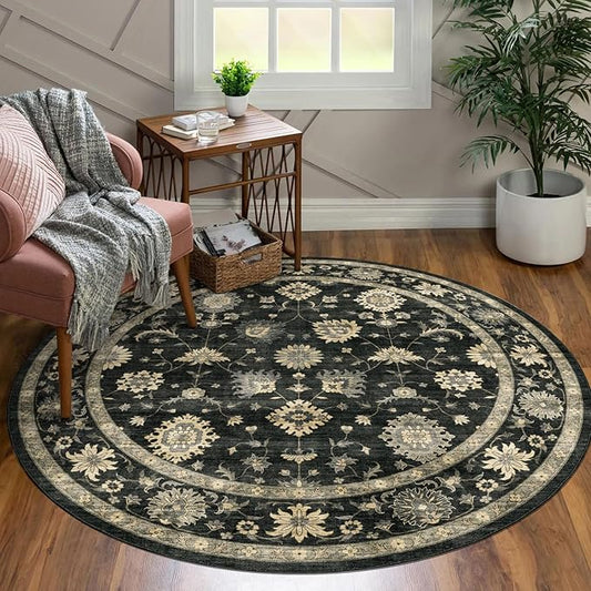 Washable Round Area Rug 4ft - Charcoal Black Traditional Floral Living Room Circle Rug 4x4 Non-Slip Farmhouse Carpet Soft Vintage Boho Round Rugs for Bedroom Bathroom Kitchen Entryway