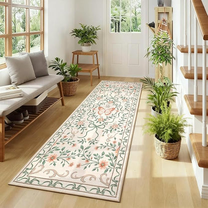 GarveeHome Washable Runner Rug 2x6 Non Slip Hallway Runners Stain Resistant Low Pile Floral Runner Rugs for Kitchen Soft Long Entryway Runner Rugs Beige Boho Throw Carpet for Bedroom Nursery, 2x6