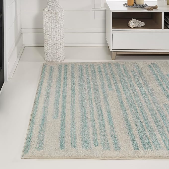 JONATHAN Y Khalil Modern Berber Stripe Cream/Turquoise Indoor Area Rug, 4x6, Contemporary, Bohemian, Easy-Cleaning for Living Room, Bedroom, Kitchen, Pet Friendly, Non-Shedding (MOH207B-4)