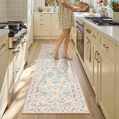 Lahome Boho Hallway Runner Rug 2x6,Floral Kitchen Runner Rugs Non Skid Washable,Super Soft Indoor Throw Carpet for Girls Bedroom Bedside Bathroom Laundry Room, Pink/Multi