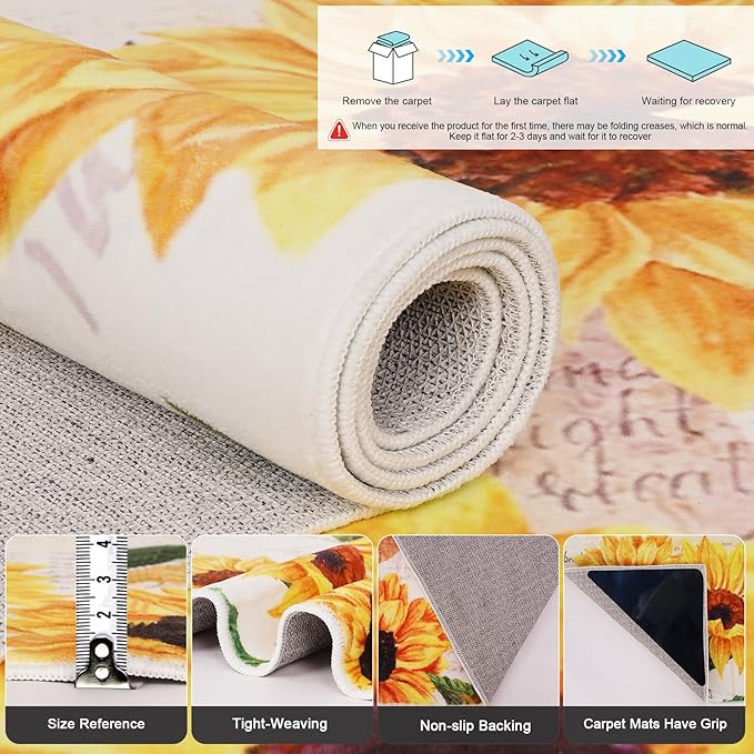 Sunflower Machine Washable Area Rug 4' x 6', Soft Non Slip Botanical Accent Floral Indoor Rugs, Vintage Rugs for Living Room Bedroom Floor Carpet Yoga Mat Home Office