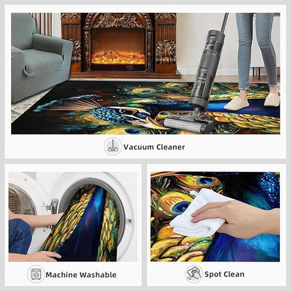 Peacock Rugs for Bedroom - 4x6 Area Rug - 3D Peacock Rugs for Living Room, Abstract Watercolor Animal Rug, Non-Slip Washable Home Decor Carpet