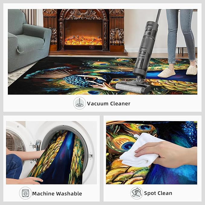 Peacock Rugs for Bedroom - 4x5 Area Rug - 3D Peacock Rugs for Living Room, Abstract Watercolor Animal Rug, Non-Slip Washable Home Decor Carpet