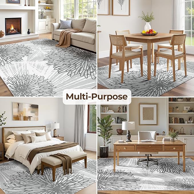 WITSHOCK 6x9 Washable Rug for Living Room,Modern Floral Distress Print Pattern Area Rugs,Stain Resistant with Non Slip Backing Carpet for Dining Room,Bedroom & Home Decor,Grey White